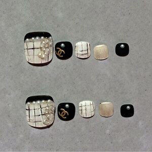 Luxury Designer Black White and Gold Press On Toe Nails with Pearl Accents